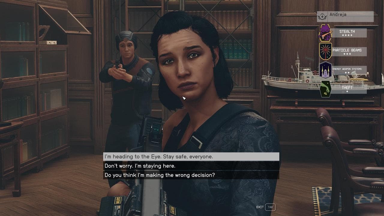 starfield romance - a woman holding a gun looks at the camera