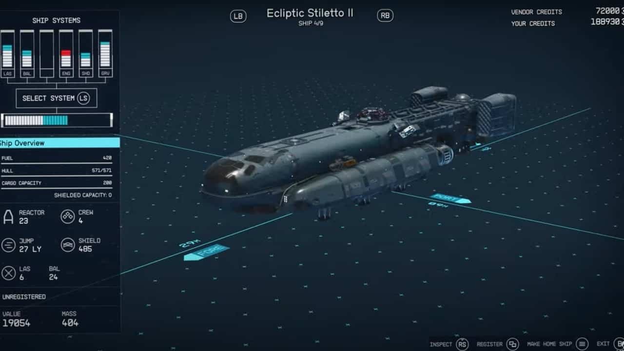 Starfield Ship Customization: An image of a ship being customized in the game.
