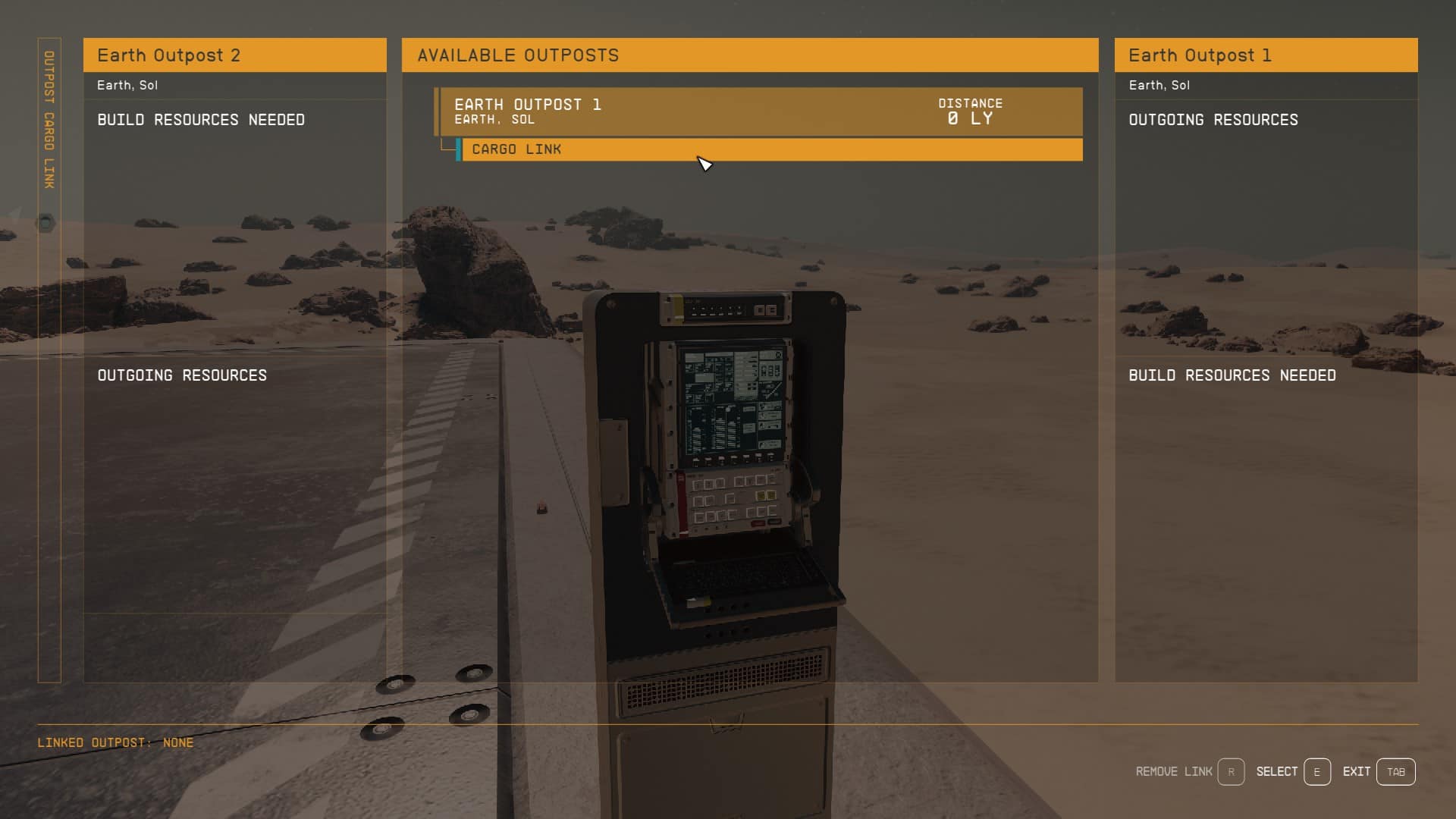 Starfield Shipping Magnate: Linking outposts using the Cargo Link terminal.