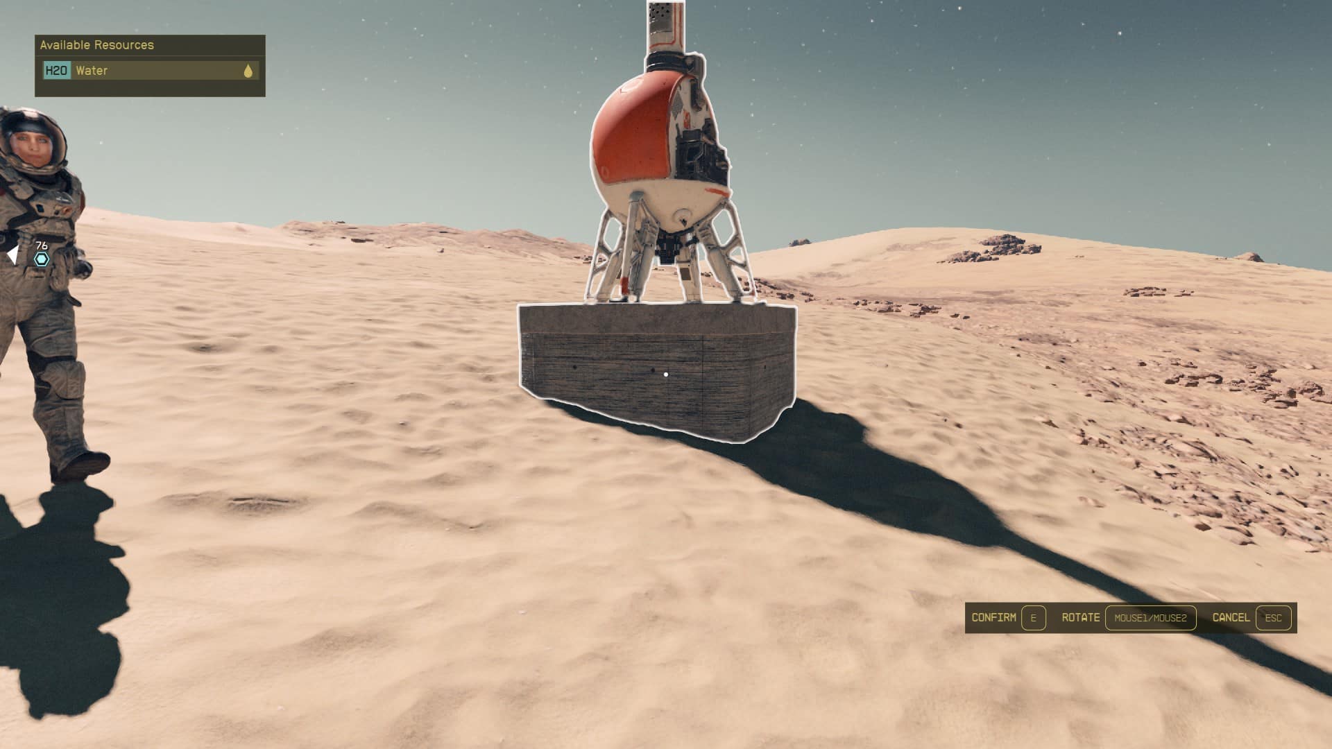 Starfield Shipping Magnate: The player placing an Outpost Beacon in a desert area.