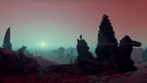 Everything you need to know about the Starfield soundtrack: An explorer watches the sunset on an alien world while stood atop a rock formation.