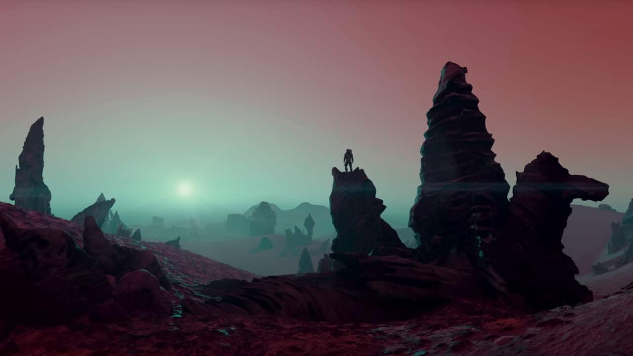 Everything you need to know about the Starfield soundtrack: An explorer watches the sunset on an alien world while stood atop a rock formation.
