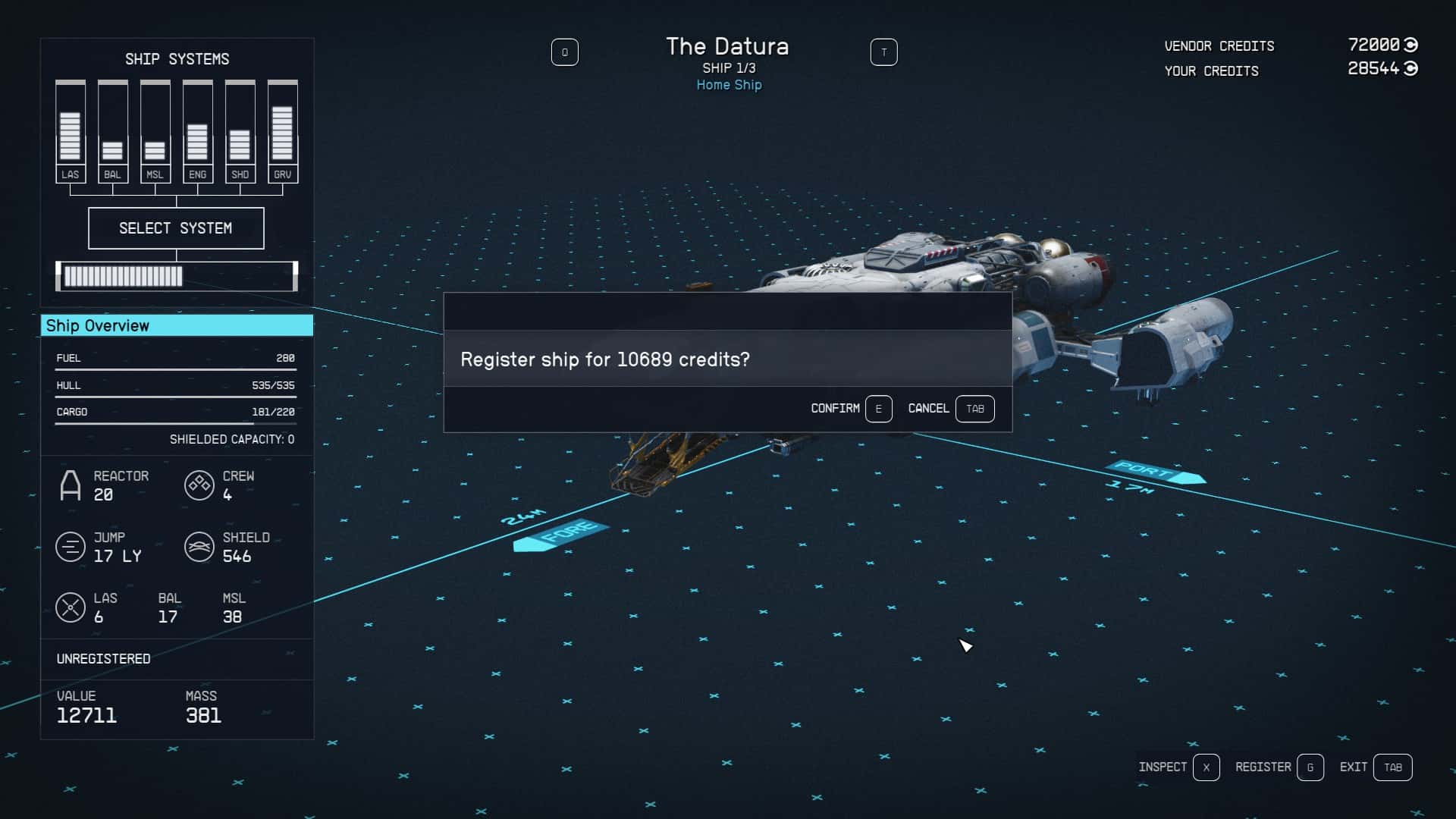 Starfield The Datura: The player registering The Datura.
