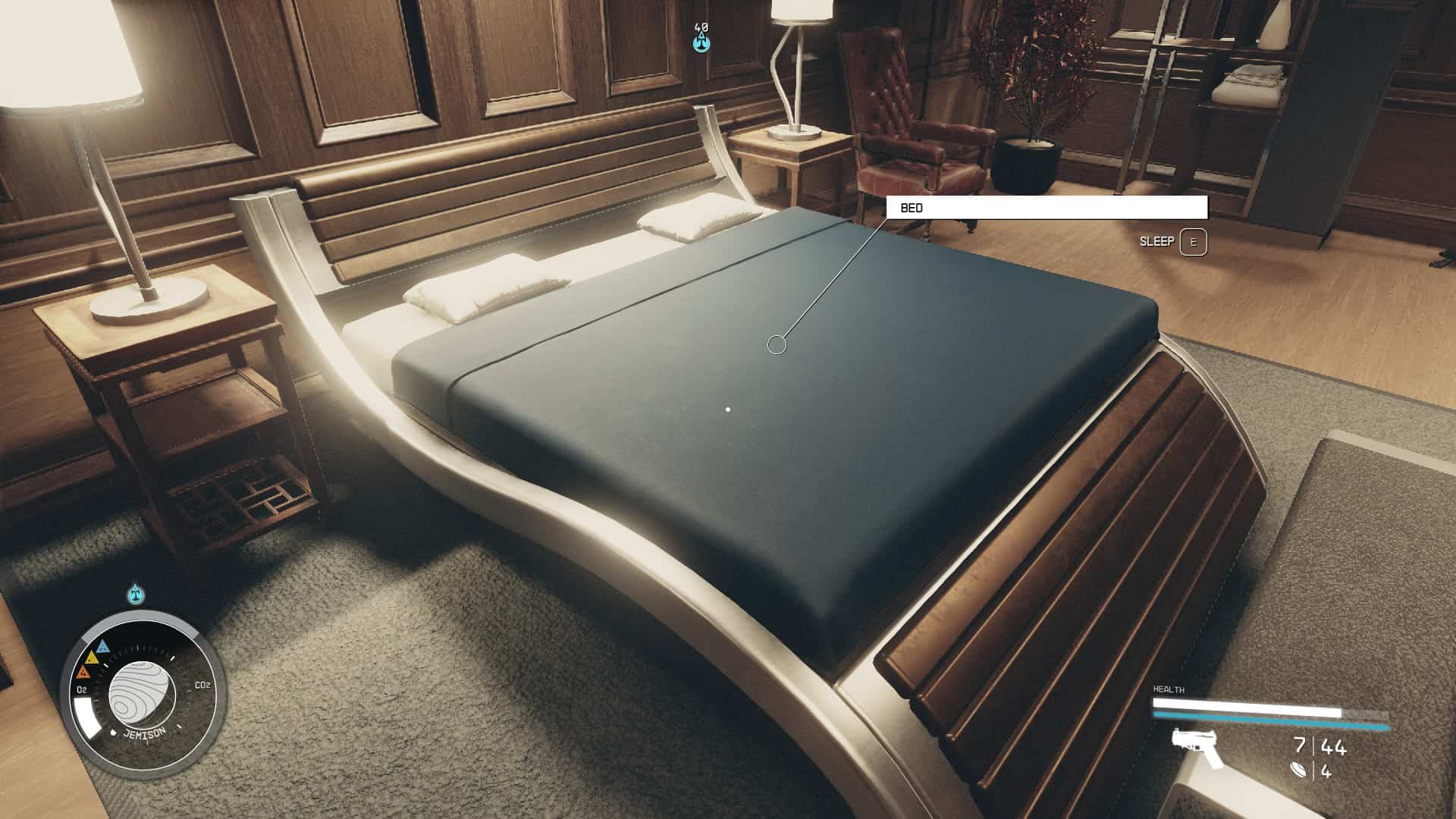 Starfield tips and tricks: The player's bed in their room in The Lodge.