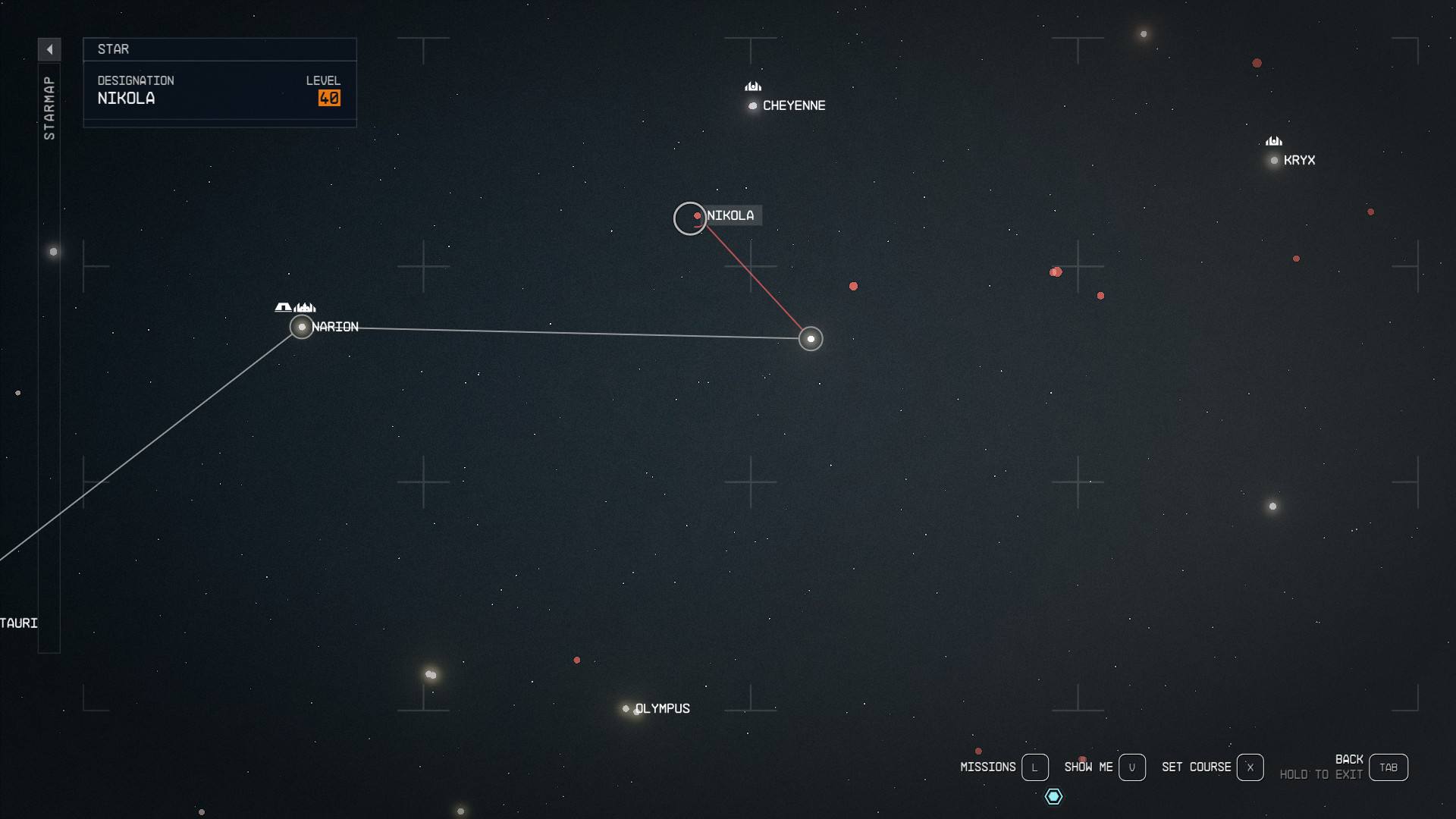 Starfield tips and tricks: The starmap showing a path to a previously un-visited star system.