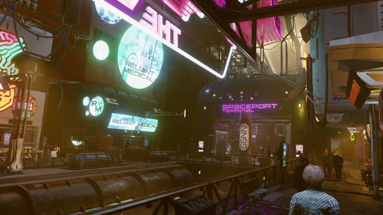 Starfield trailers: A wide shot of a busy street in Neon City.