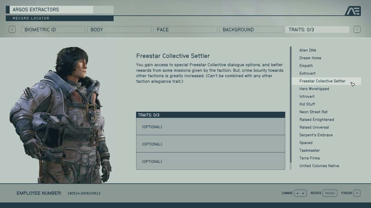 Starfield traits: The Freestar Collective Settler trait in the character creation menu.
