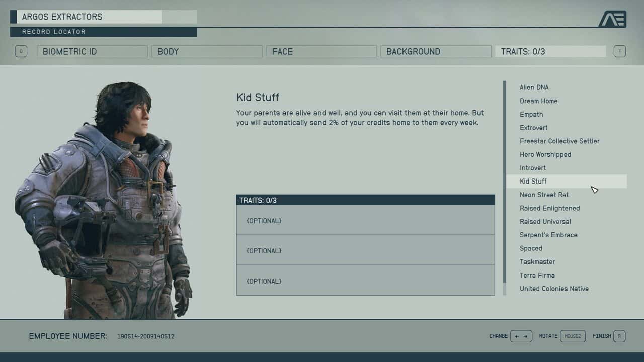 Starfield traits: The Kid Stuff trait in the character creation menu.