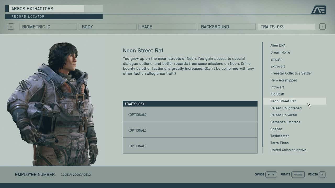 Starfield traits: The Neon Street Rat trait in the character creation menu.