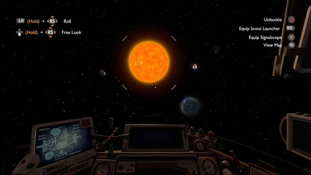 Starfield update won't fix problems with exploration: The sun and a few planets viewed from the ship in Outer Wilds.