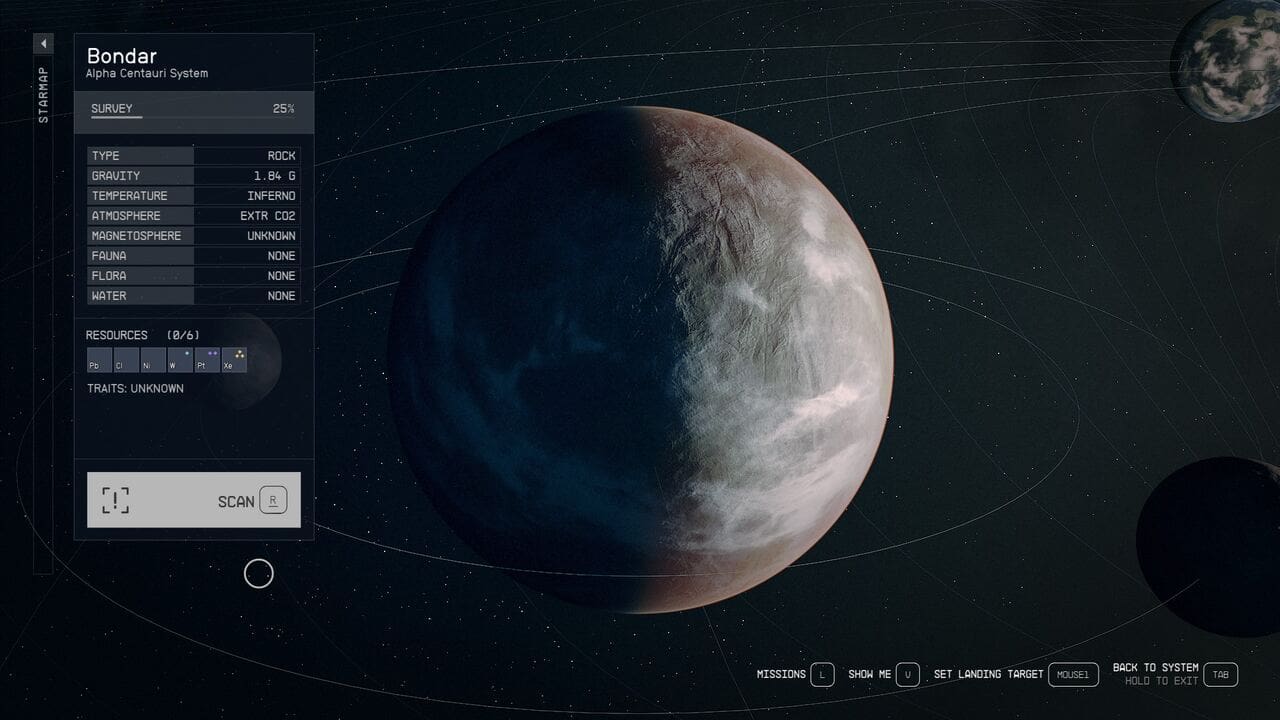 Starfield update won't fix problems with exploration: The planet Bondar on the star map in Starfield.
