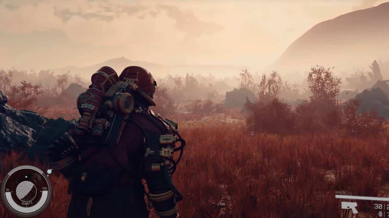 Starfield v Star Citizen: An explorer in Starfield wanders across a planet covered in crimson grass and foliage.