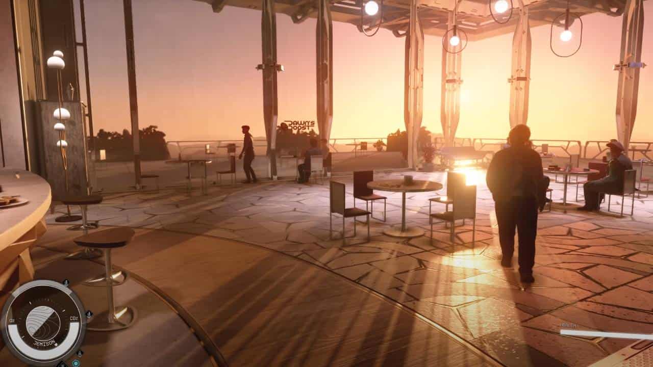 Starfield v Star Citizen: A cafe in New Atlantis in Starfield, full of NPCs.