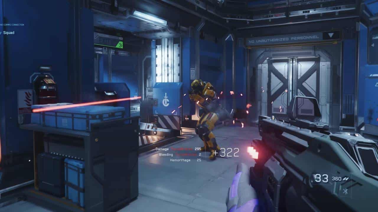 Starfield v Star Citizen: A player in Star Citizen fights an enemy with a gun inside an industrial installation.