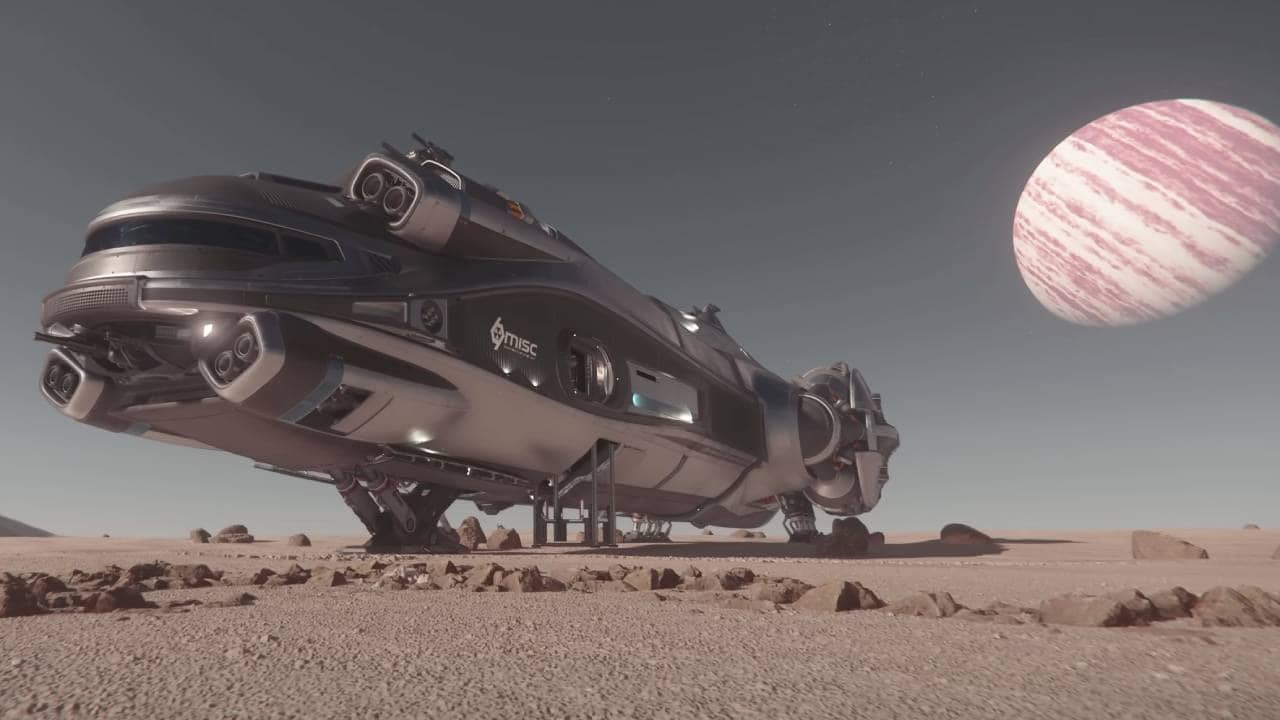 Starfield v Star Citizen: A starship from Star Citizen parked quietly on a barren moon of a gas giant.
