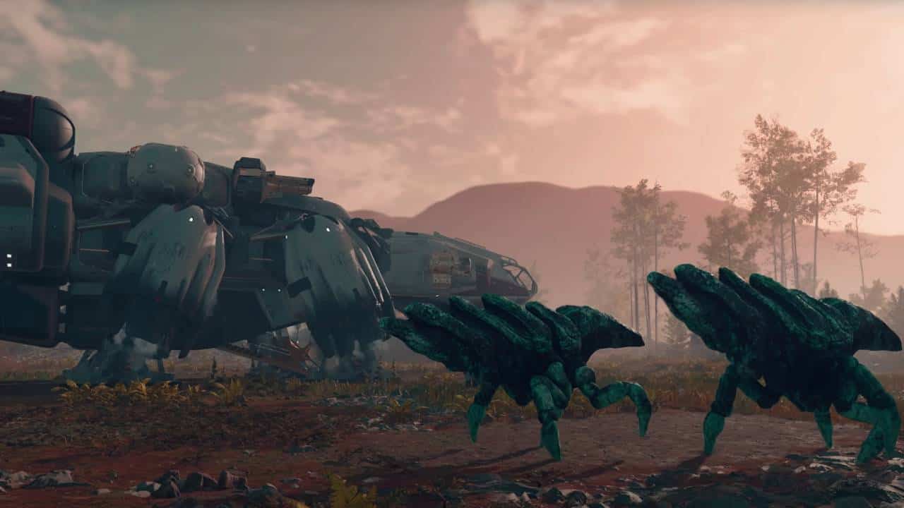 Starfield v Star Citizen: A starship in Starfield makes planetfall nearby to some alien quadrupeds. 