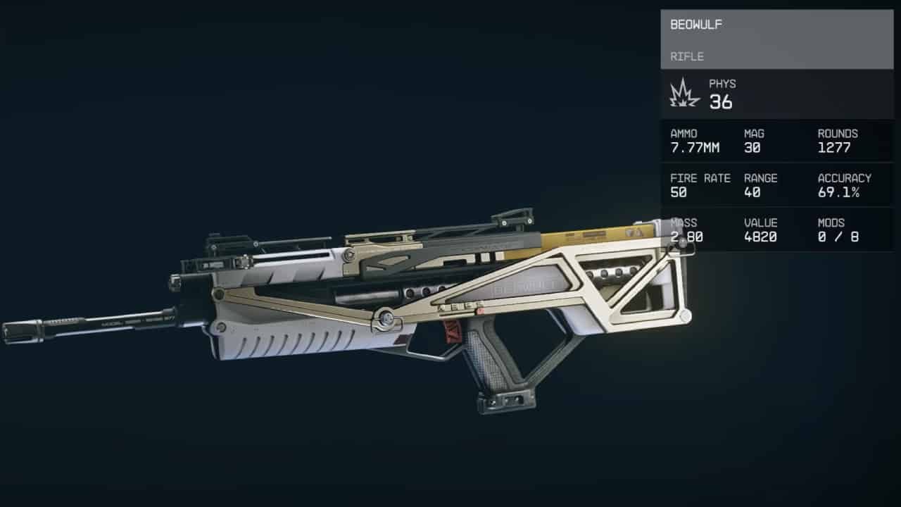 Starfield weapons guide: the Beowulf rifle on display in the inventory menu, alongside its stats.