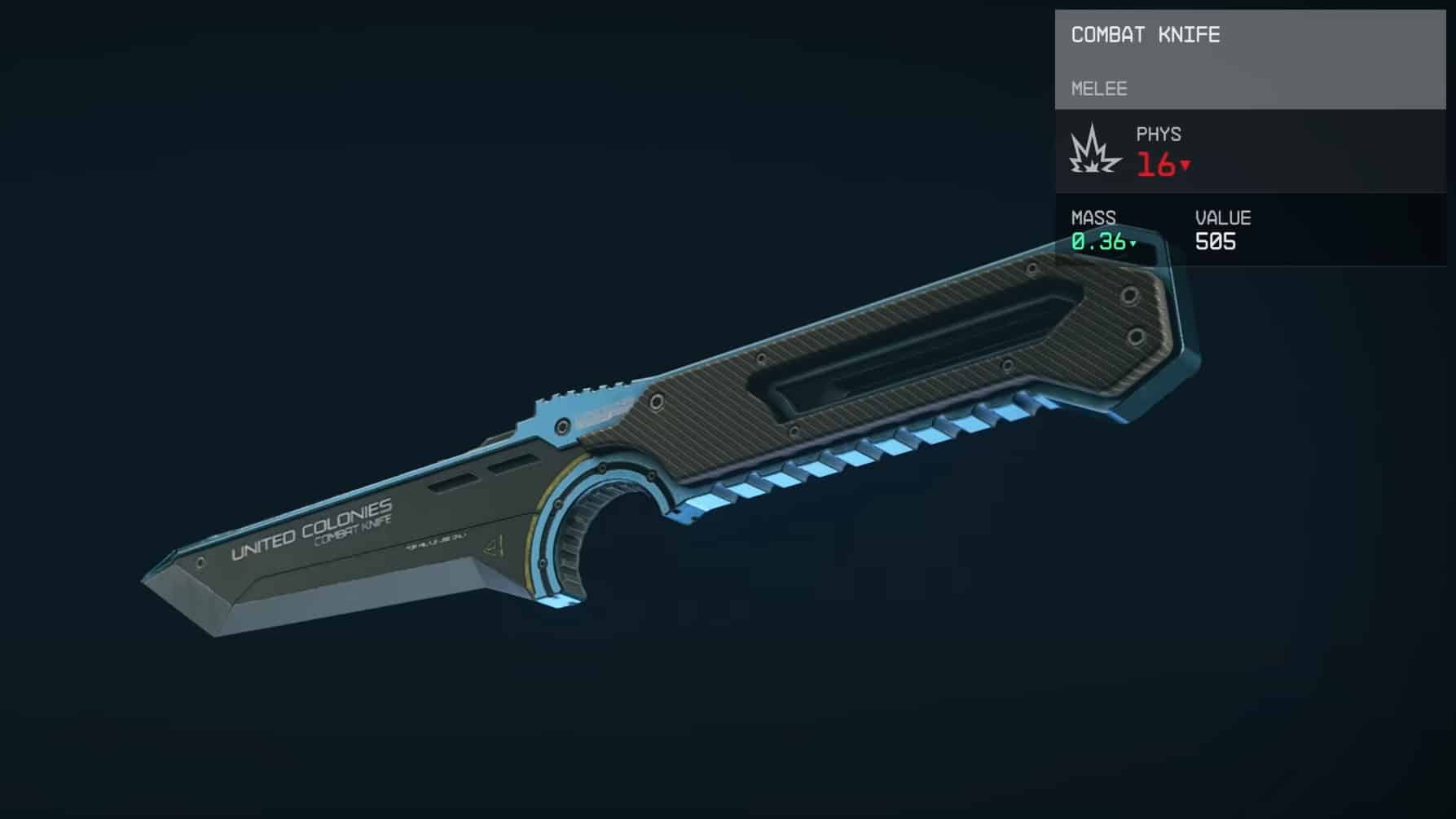 Starfield weapons guide: A United Colonies Combat Knife on display in the inventory menu.