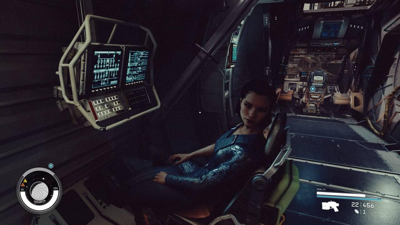 When is the next Starfield update: Andreja sitting in a ship looking towards the player.