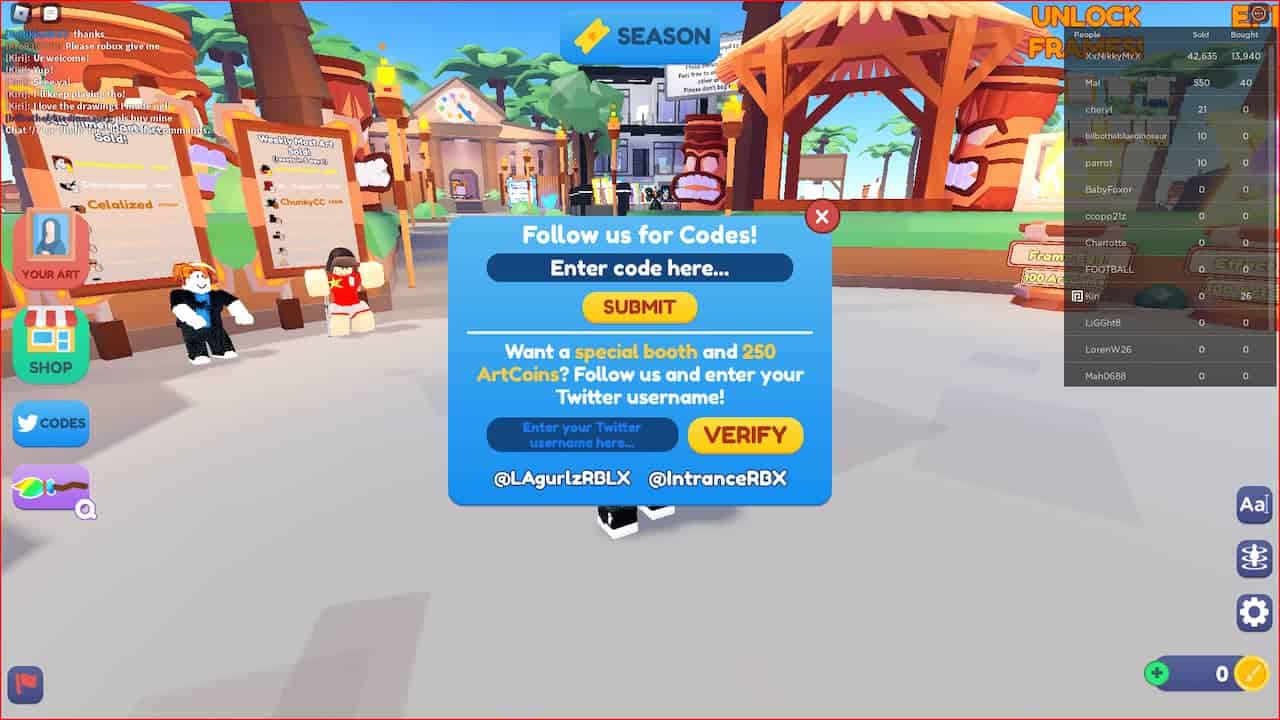 menu screen to redeem code in starving artist