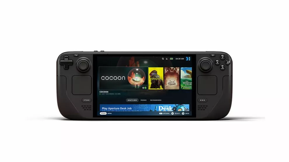 The Steam Deck, a sleek black gaming device featuring an OLED screen.