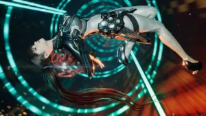 stellar blade genre: eve poses in a futuristic setting