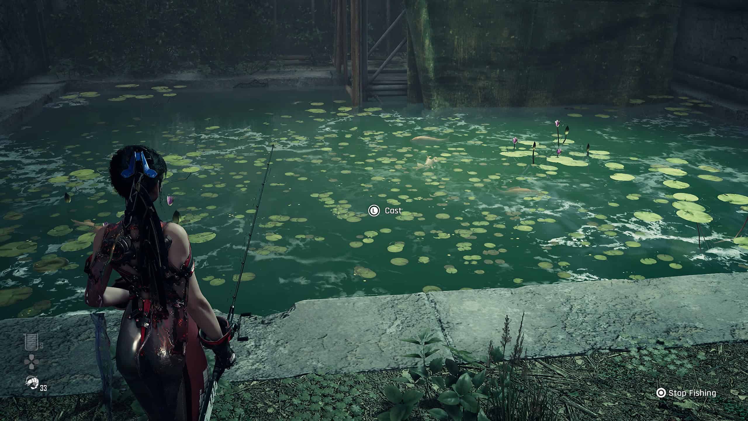 Stellar Blade fishing guide - EVE readies to cast a fishing line into a small pond.