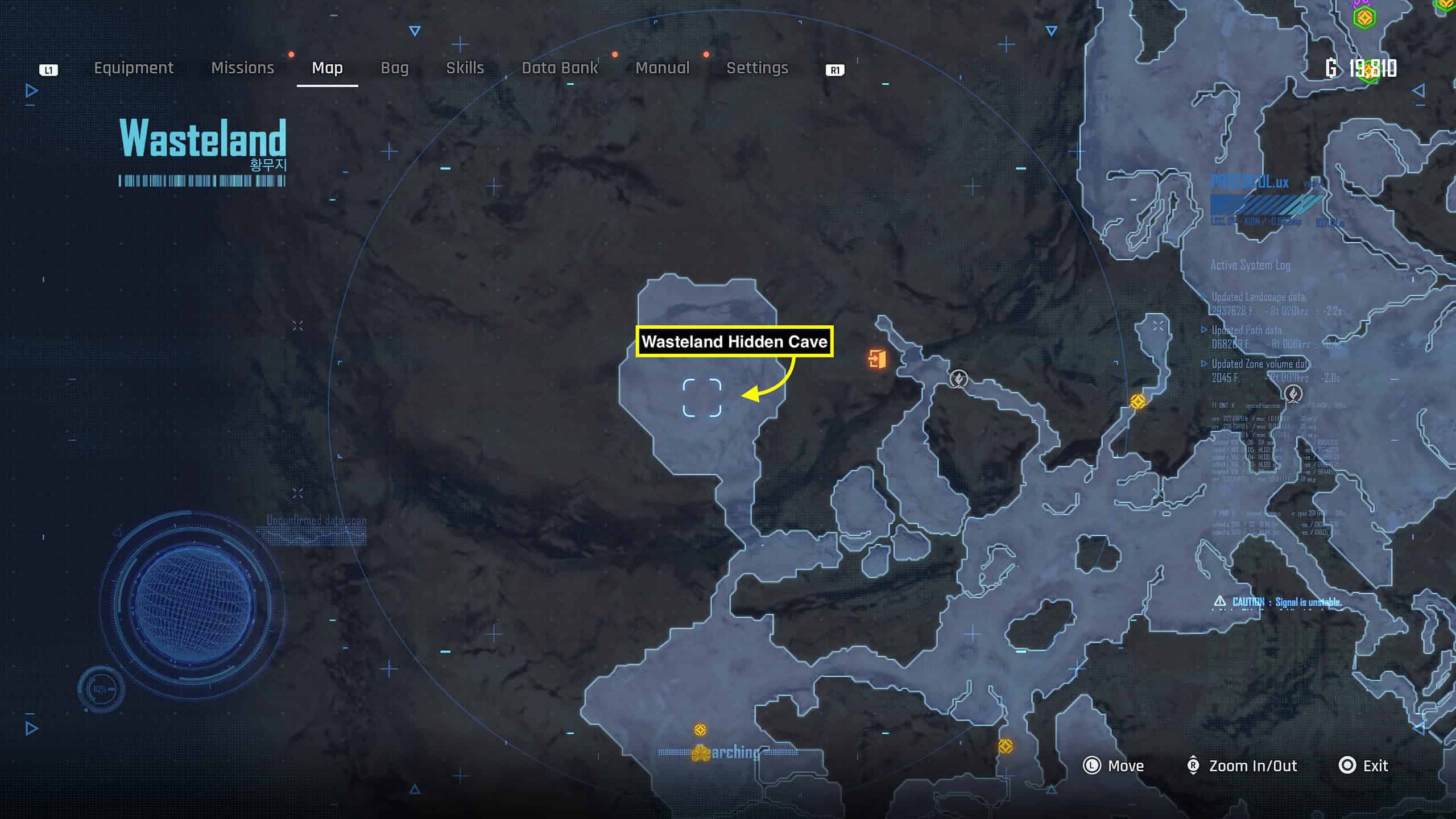 Stellar Blade fishing - in-game map showing the location of hidden cave in the Wasteland