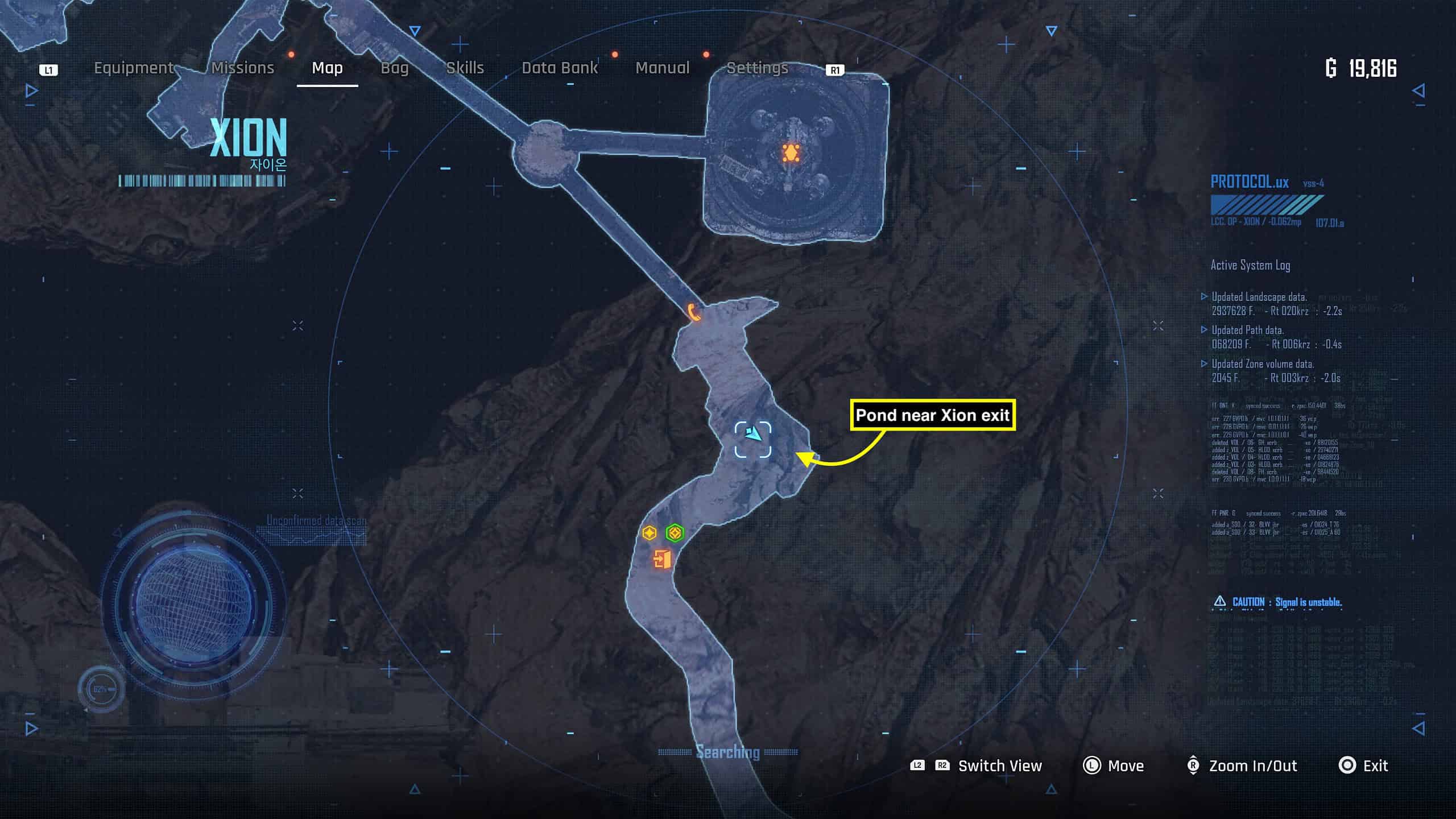 Stellar Blade fishing - in-game map showing the location of the fishing pond in Xion