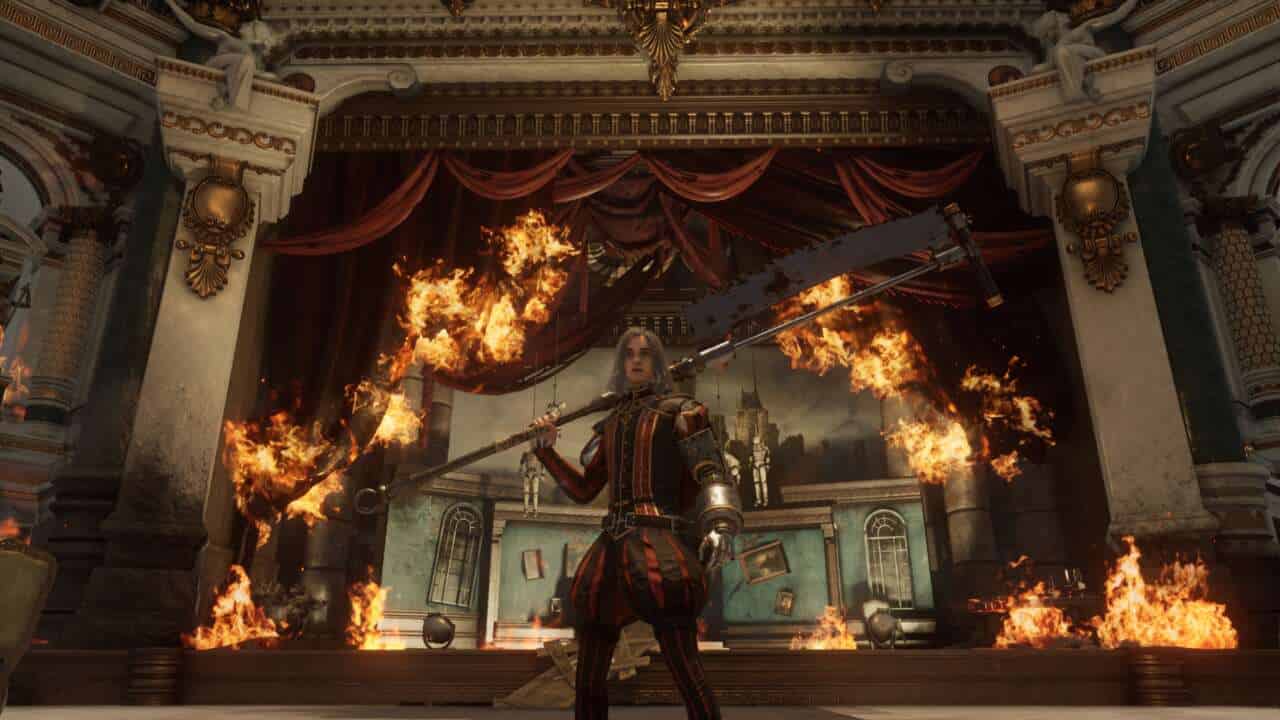 Stellar Blade but good is here: Pinocchio holding a giant saw standing in front of a stage that is on fire.