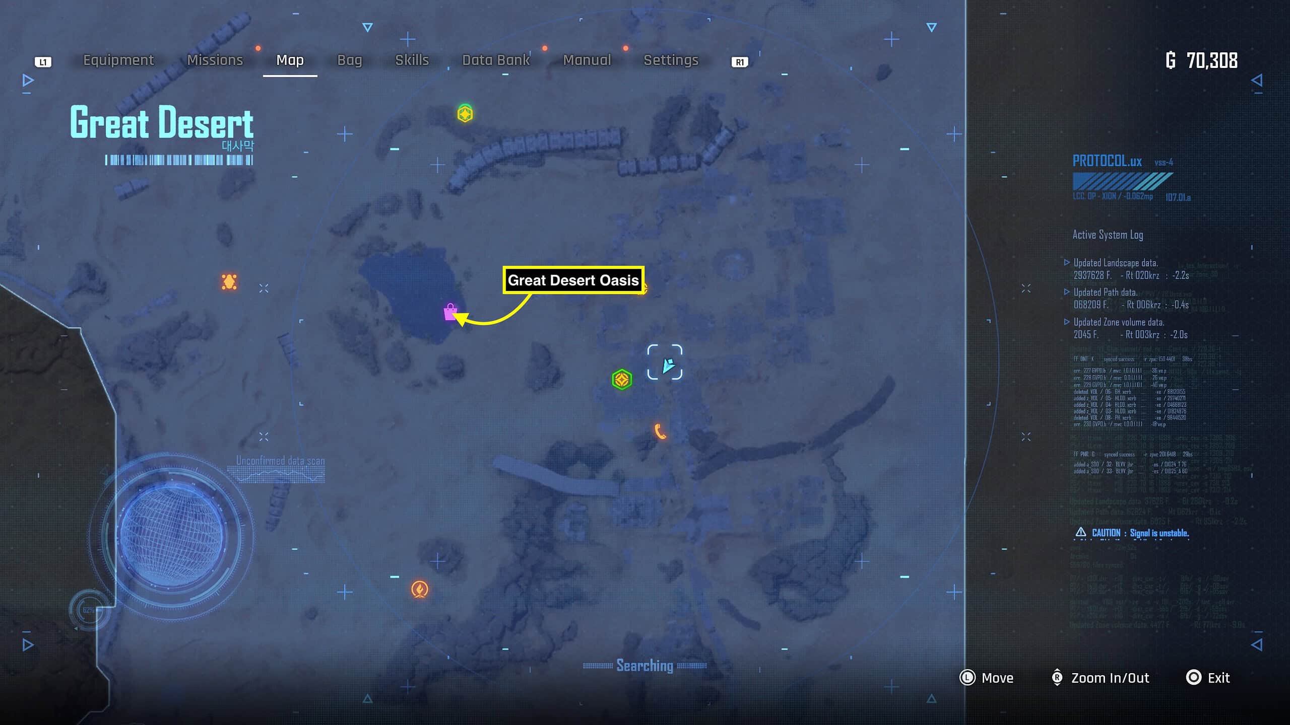 Stellar Blade fishing - in-game map showing the location of the Oasis in the Great Desert.