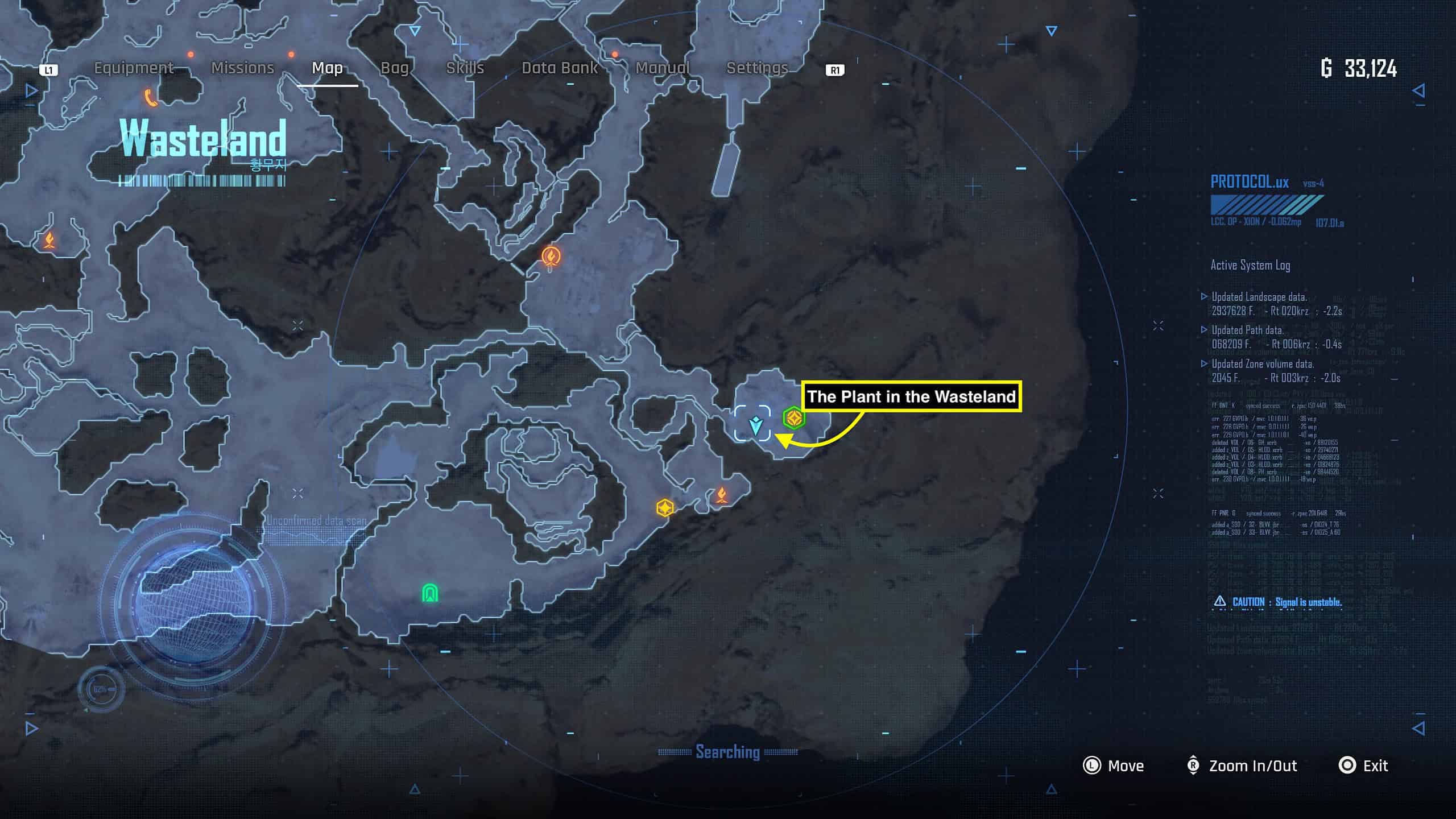 Stellar Blade fishing - in-game map showing the Plant in the Wasteland.