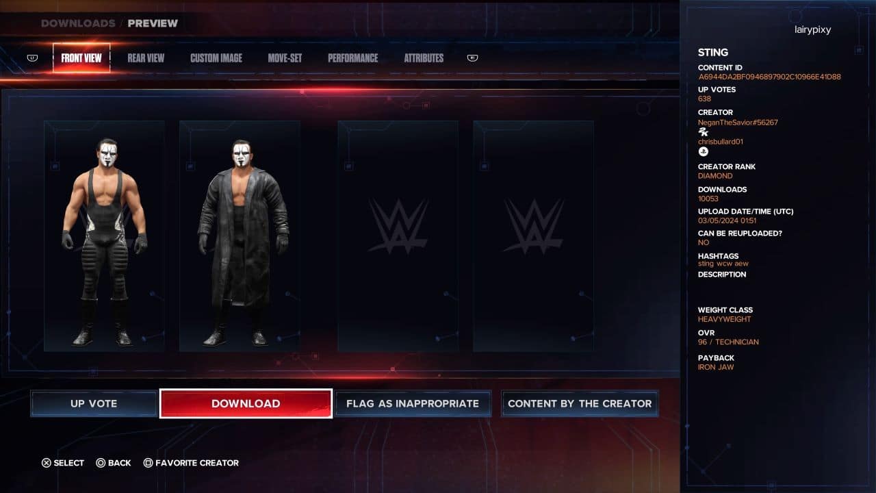 An image of a custom character Sting in WWE 2K24's downloads menu. Image captured by VideoGamer.