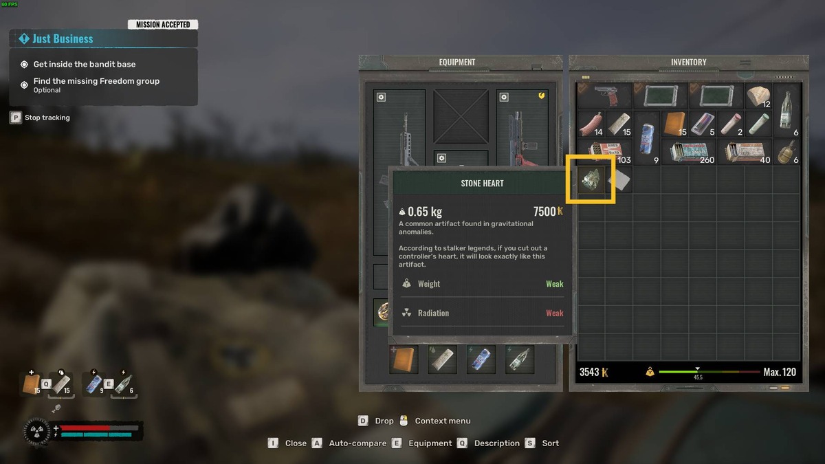 Stalker 2 artifact locations: inventory menu.