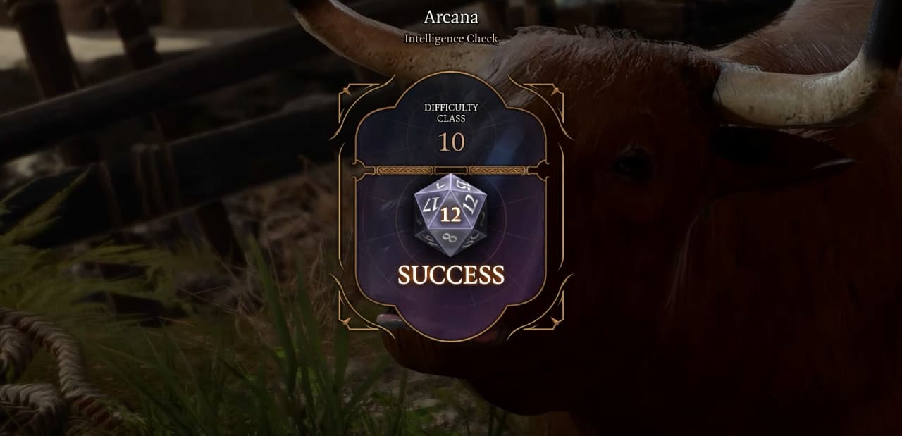 Strange Ox in Baldur's Gate 3: A player rolls a successful Arcane check on the Strange Ox.
