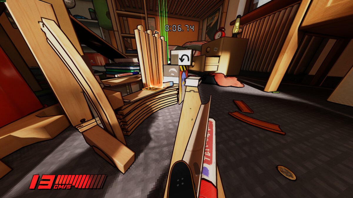 Stuntboost: miniature skateboard flying through the air in a bedroom.