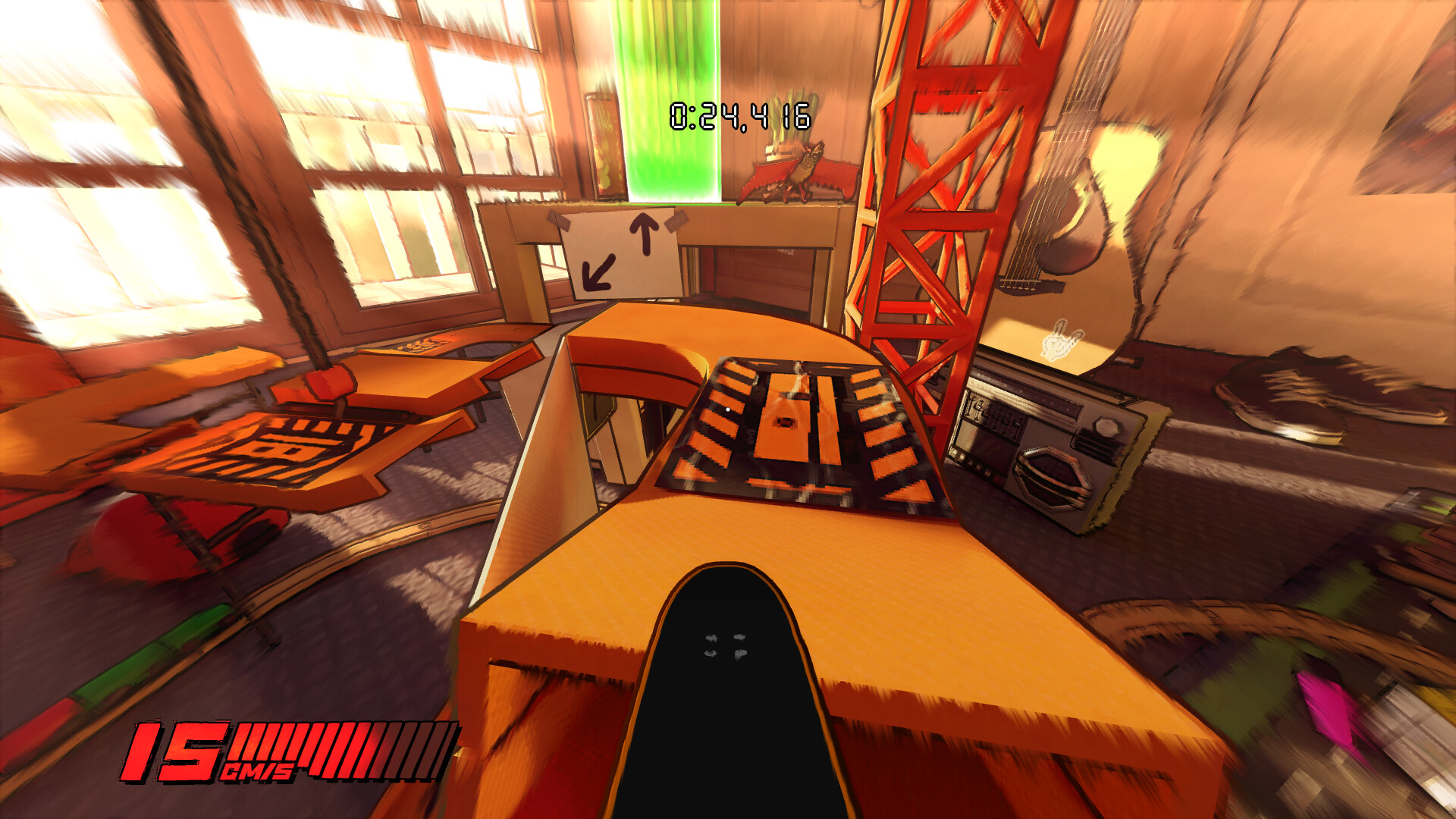 Stuntboost: miniature skateboard on a track in a bedroom.