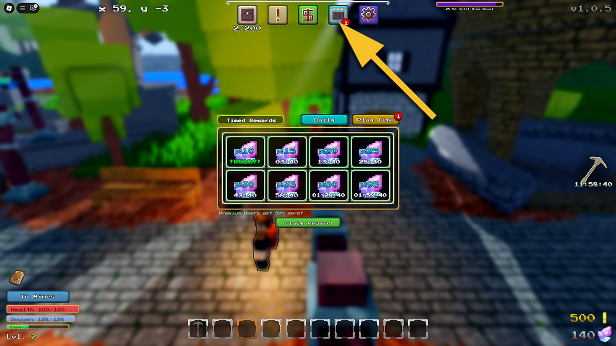 Image of the Playtime Rewards window in Subterra on Roblox, with an arrow pointing at a calendar icon.