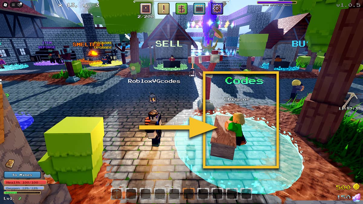 Image of the player in the hub town of Subterra on Roblox, with an arrow and a box focusing on the Codes NPC, Chrysos.