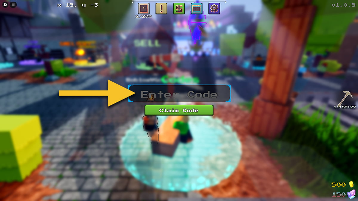 Image of the code redemption screen in Subterra on Roblox, with an arrow pointing at the text input box.