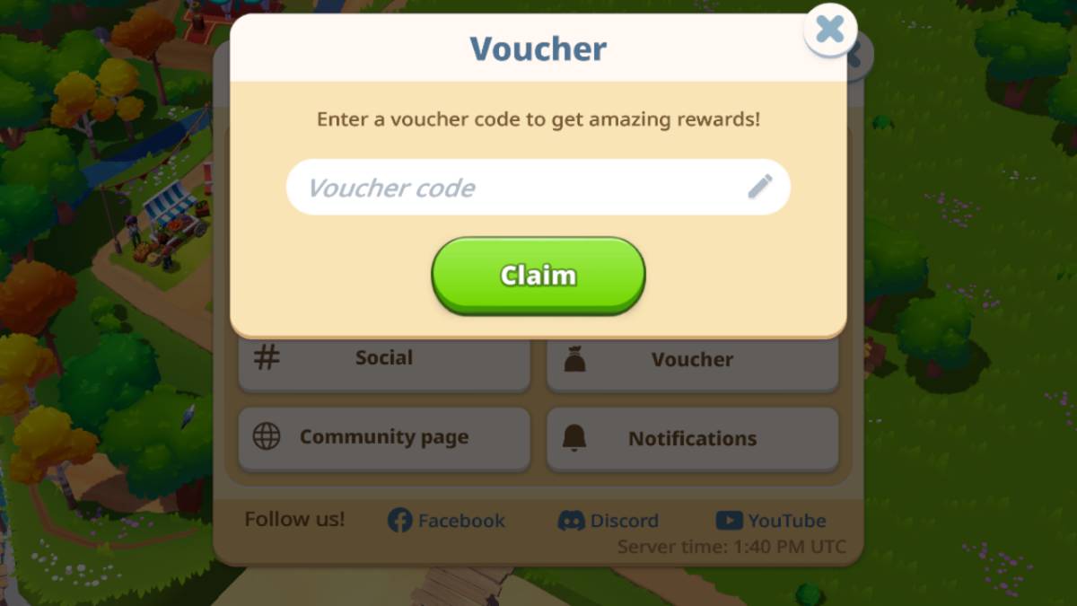 Sunshine Island voucher codes: voucher redemption window in the settings menu.
