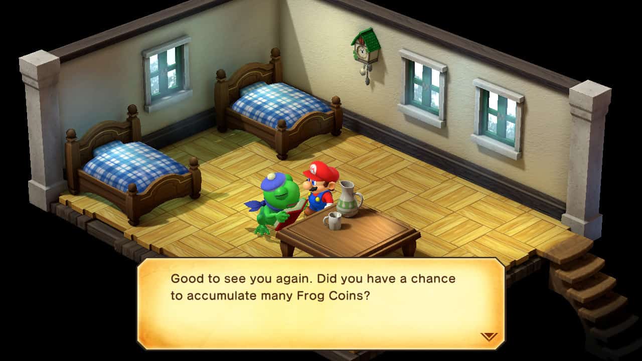 Super Mario RPG Frog Coin farming: Mario talking to the Frog Coin Emporium vendor.