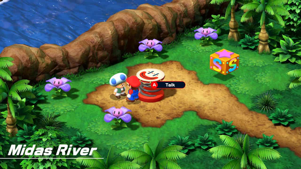 Super Mario RPG Frog Coin farming: Mario talking to the Midas River minigame NPC.