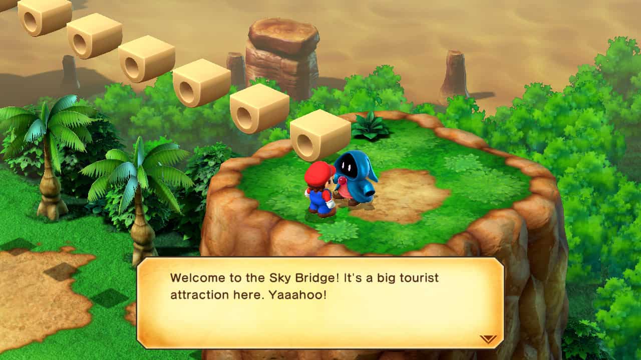 Super Mario RPG Frog Coin farming: Mario talking to the Sky Bridge minigame NPC.