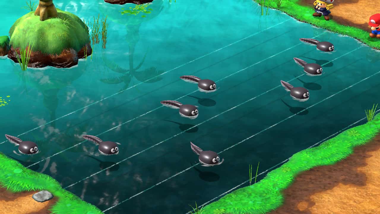 Super Mario RPG Melody Bay puzzle: The tadpoles arranged to play the second Melody Bay song.