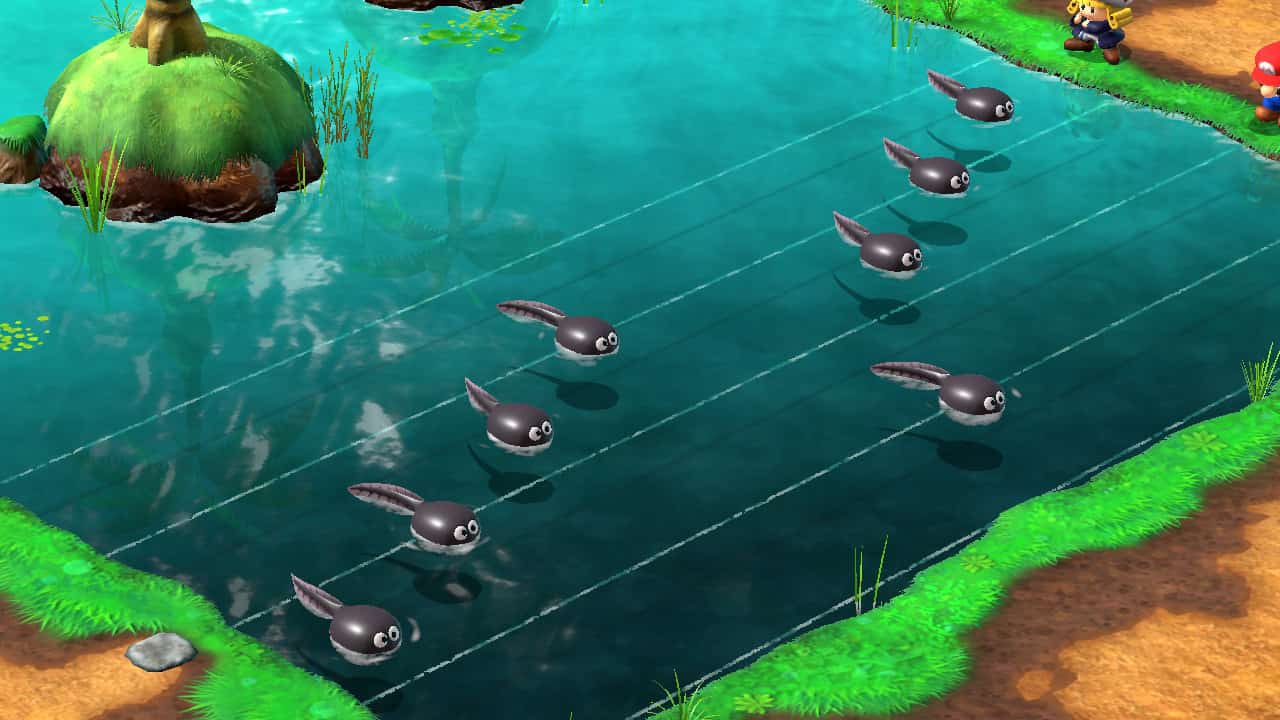 Super Mario RPG Melody Bay puzzle: The tadpoles arranged to play the third Melody Bay song.