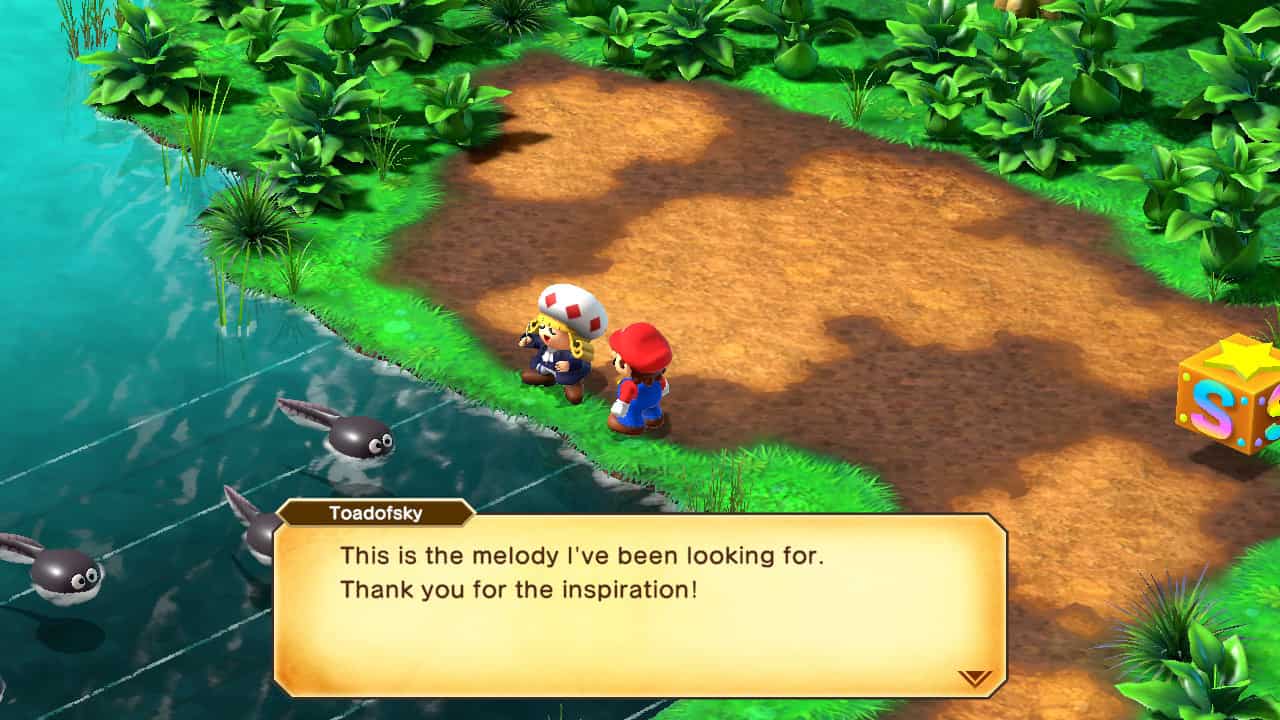 Super Mario RPG Melody Bay puzzle: Mario talking to Toadofsky at Melody Bay.
