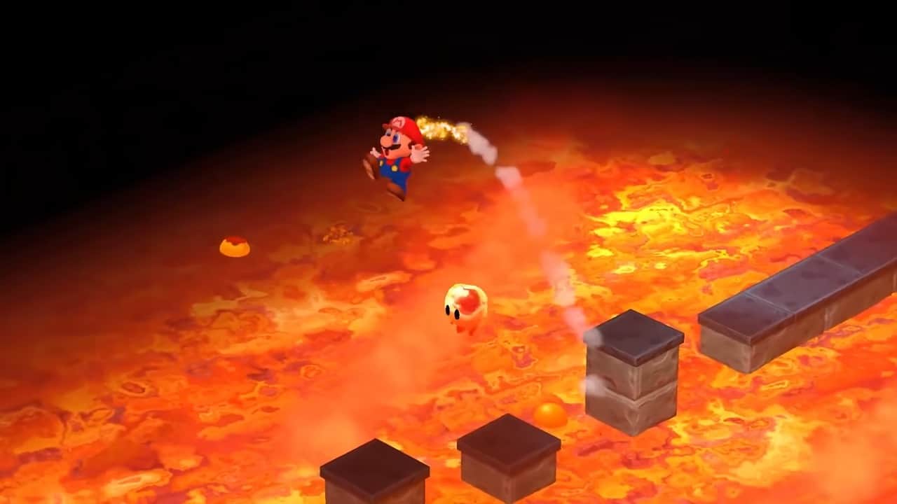 Will the Super Mario RPG remake have a physical release: Mario jumping in the air after falling into a pool of lava.