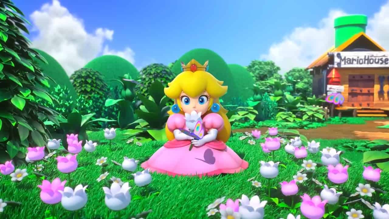 Super Mario RPG pre order: Princess Peach sitting among some flowers with a butterfly on her hand.