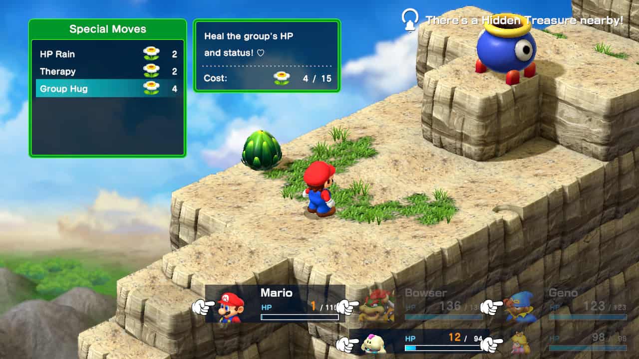 Super Mario RPG tips and tricks: Using Peach's Group Hug ability to heal the whole party.
